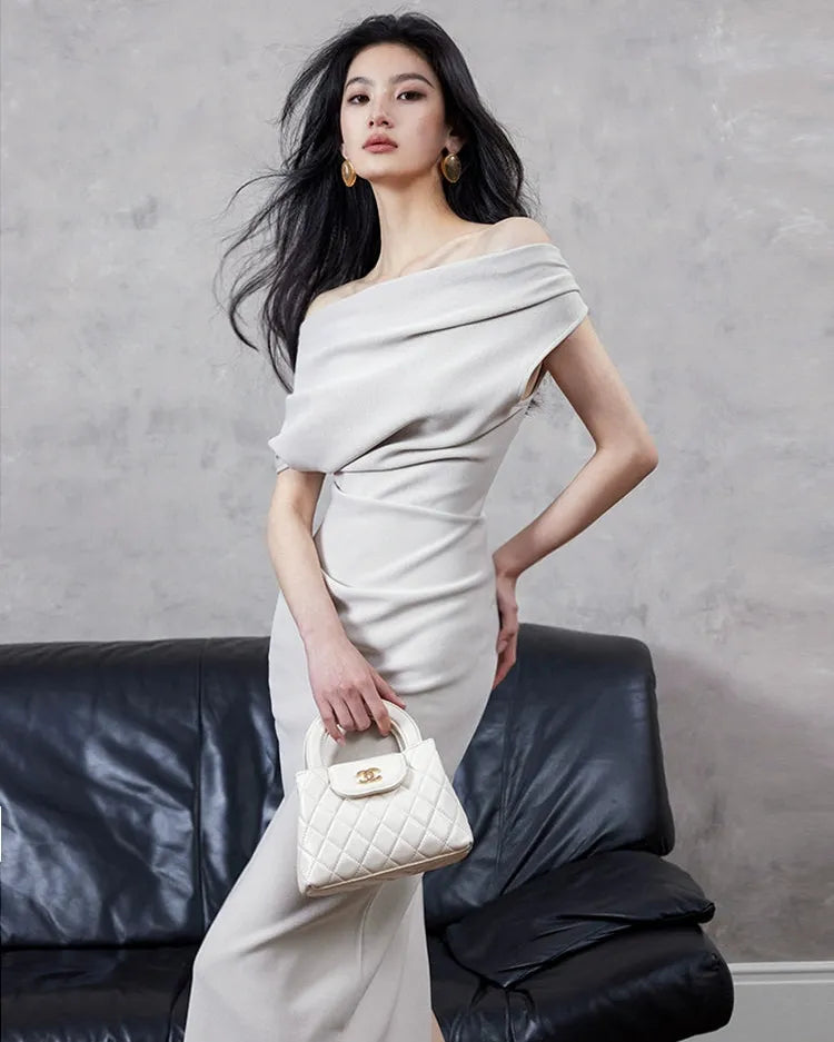 アシンメトリードレープワンショルダードレス［m170］