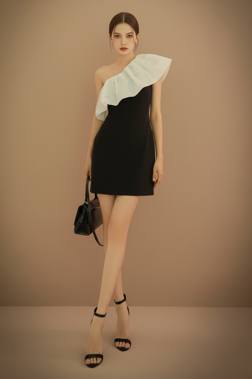 ワンショルダーフリル・バイカラーミニドレス[m226]