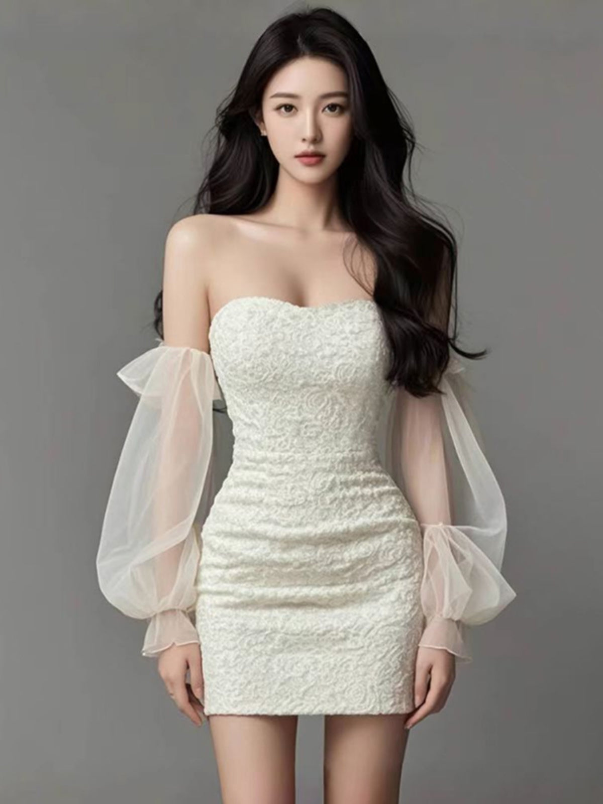 レースオフショルダーチュールドレス［m033］