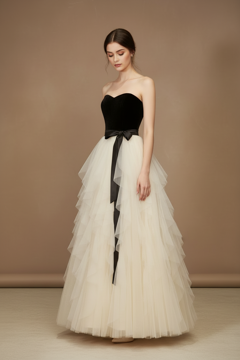 バイカラー・チュールフレアロングドレス[m223]