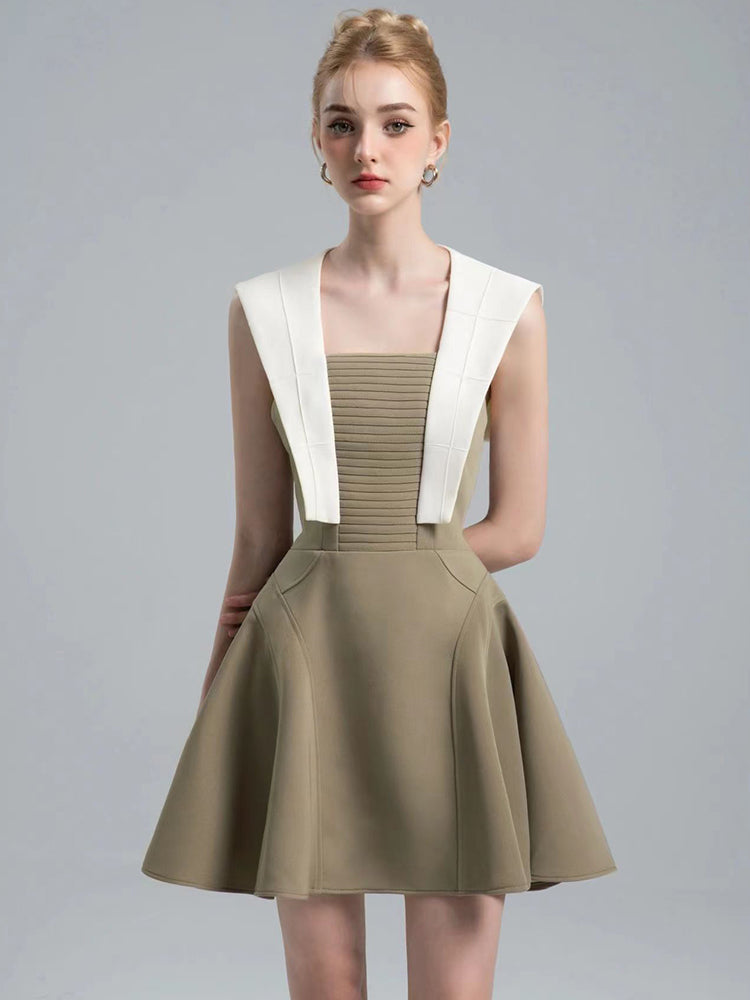 バイカラースクエアネックプリーツミニドレス［m111］