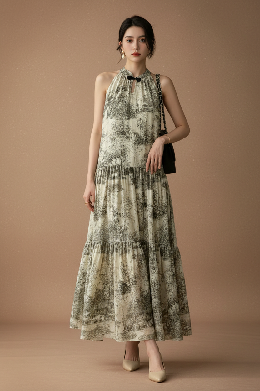 アートプリントノースリーブロングドレス［m156］