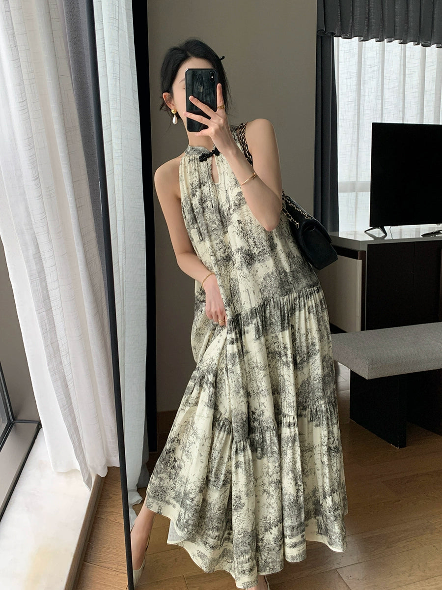 アートプリントノースリーブロングドレス［m156］