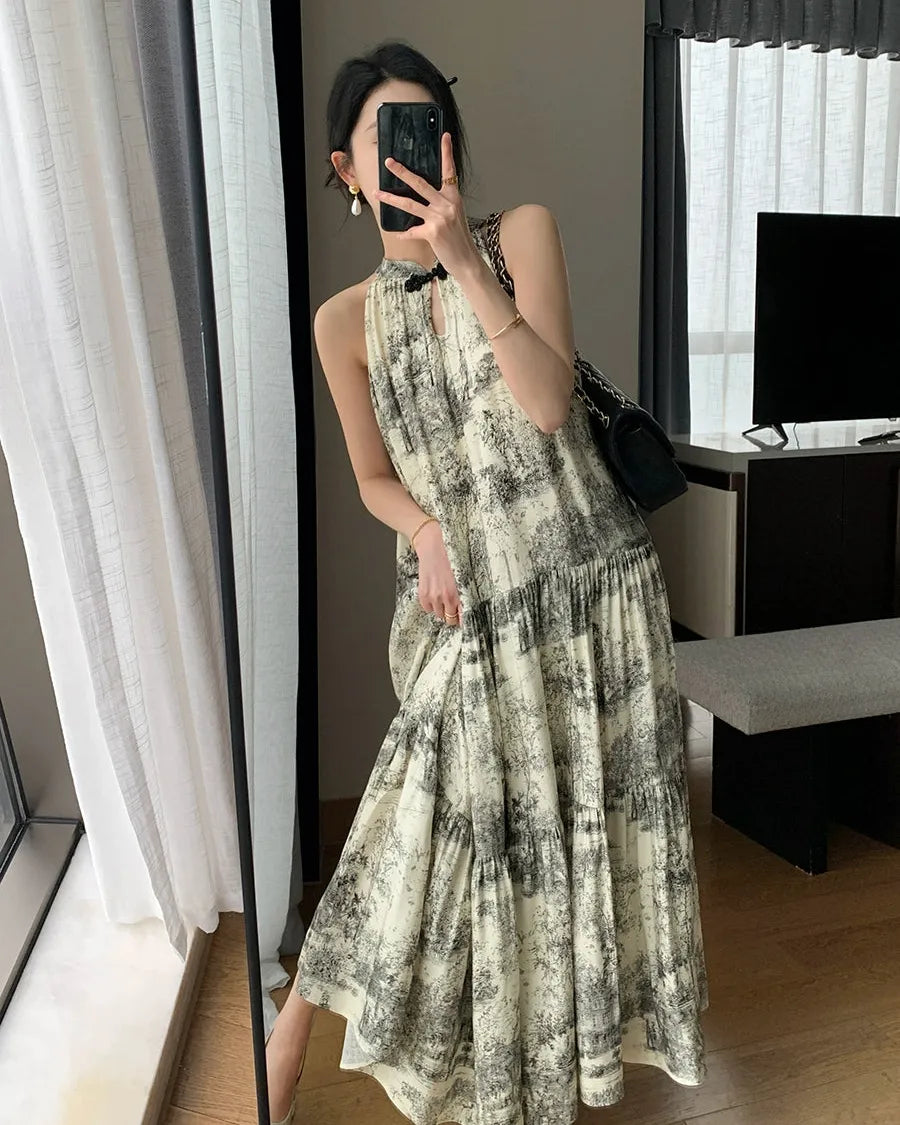 アートプリントノースリーブロングドレス［m156］