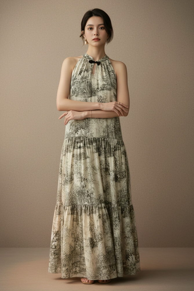 アートプリントノースリーブロングドレス［m156］