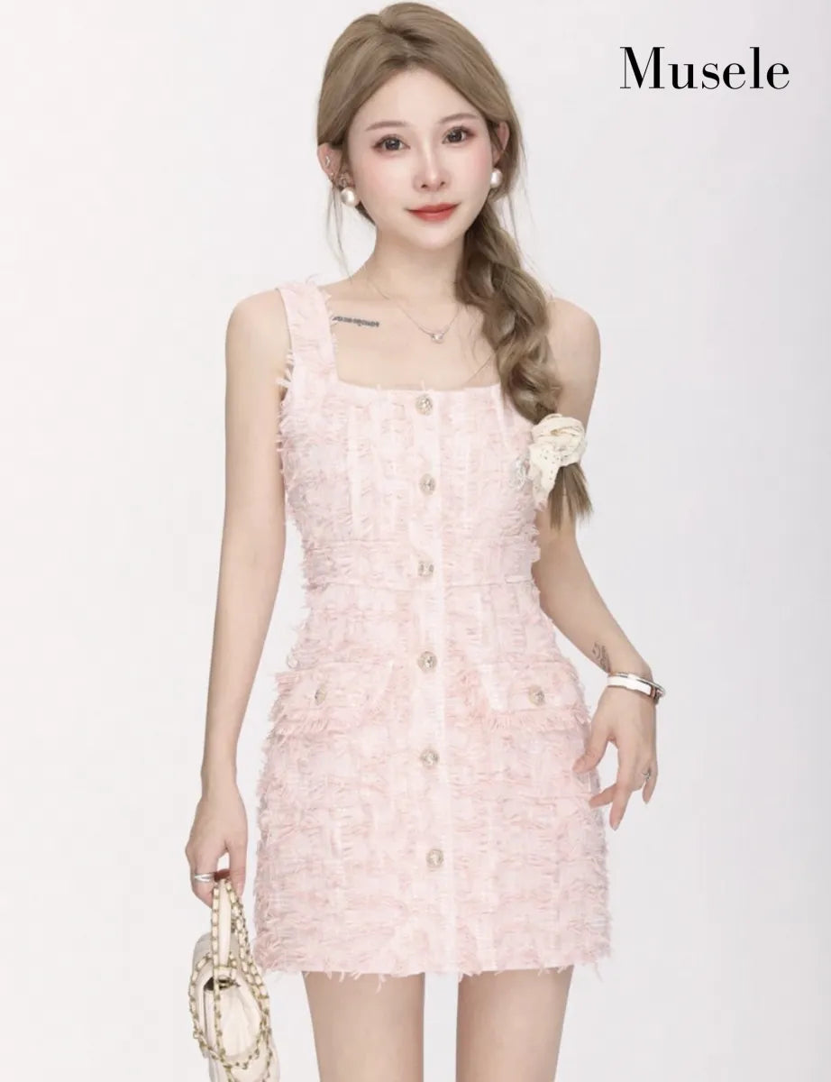 フリンジツイードノースリーブドレス［m020］