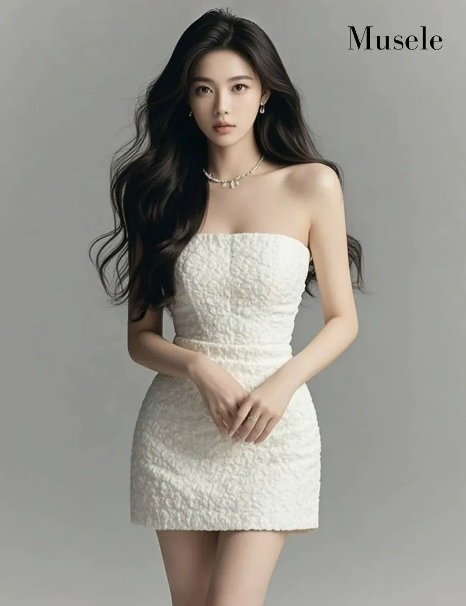 エレガントストラップレスツイードドレス［m038］