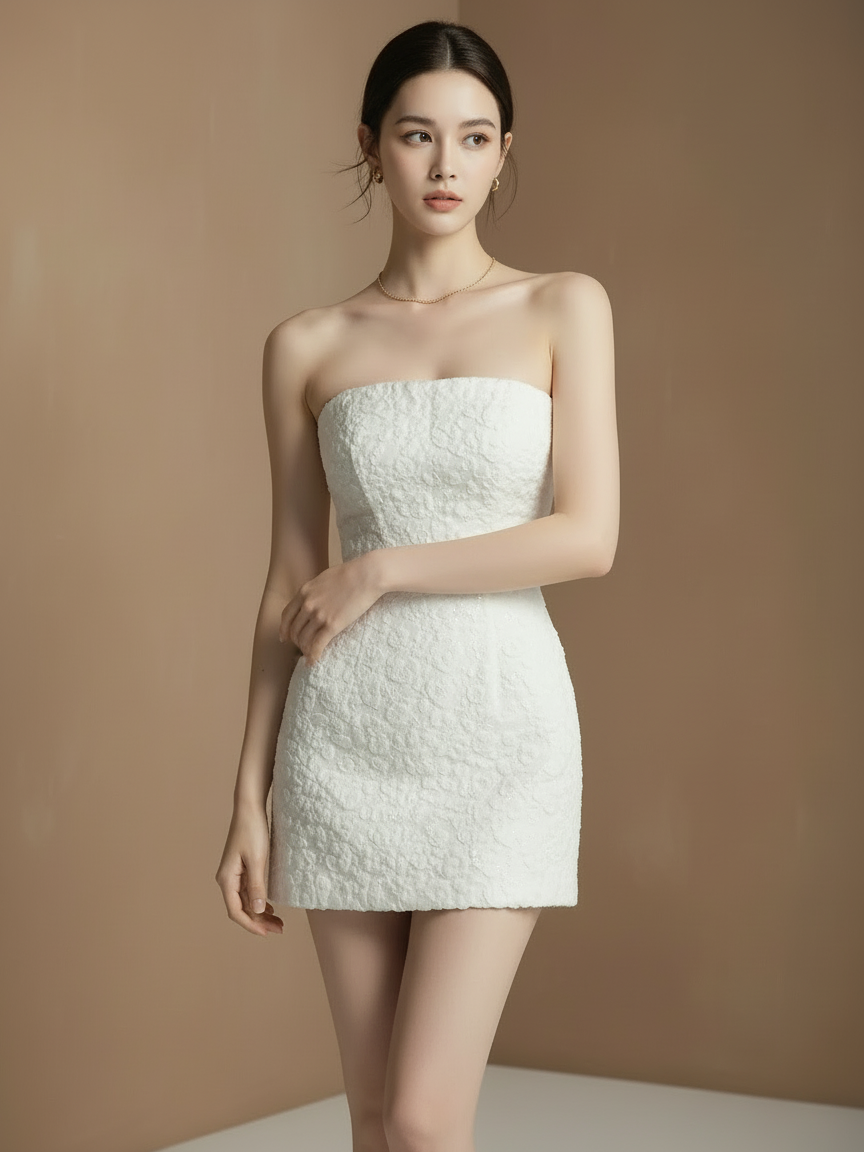 エレガントストラップレスツイードドレス［m038］