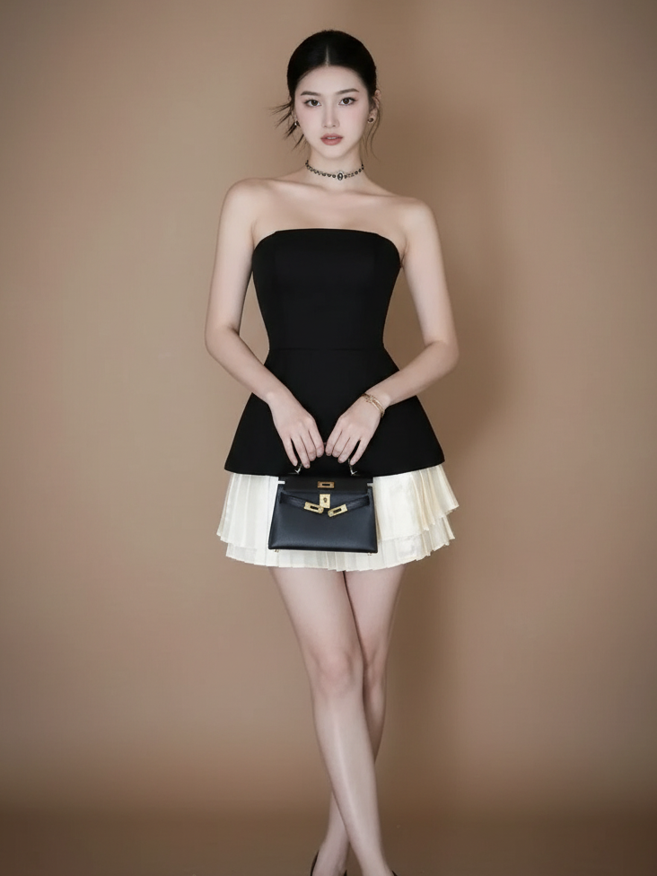 サテンプリーツドッキングドレス［m152］