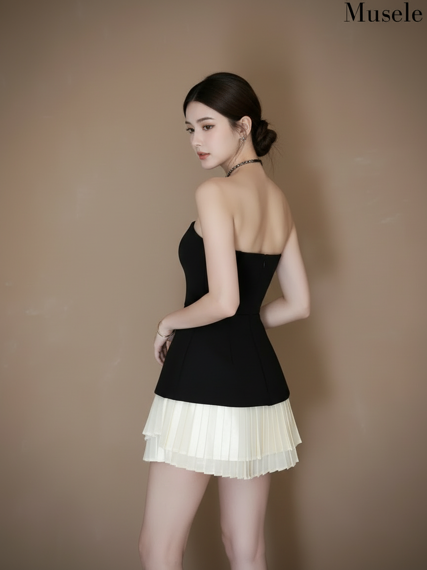 サテンプリーツドッキングドレス［m152］