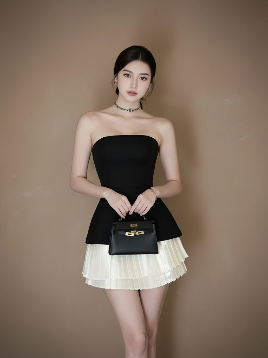 サテンプリーツドッキングドレス［m152］